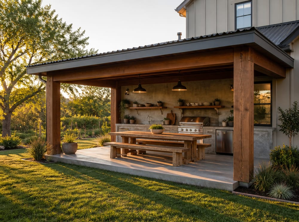 Covered outdoor kitchen with harvest table on lawn edge