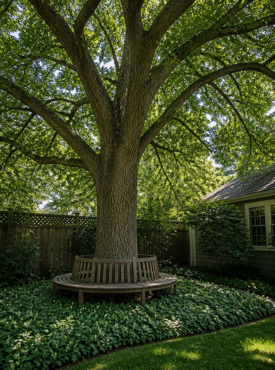 Circular bench wrapping a mature oak tree corner anchor