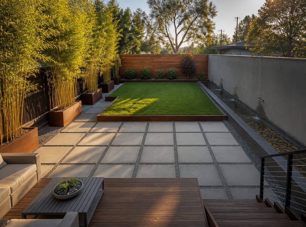 Geometric patio with corten steel lawn edging and water trough