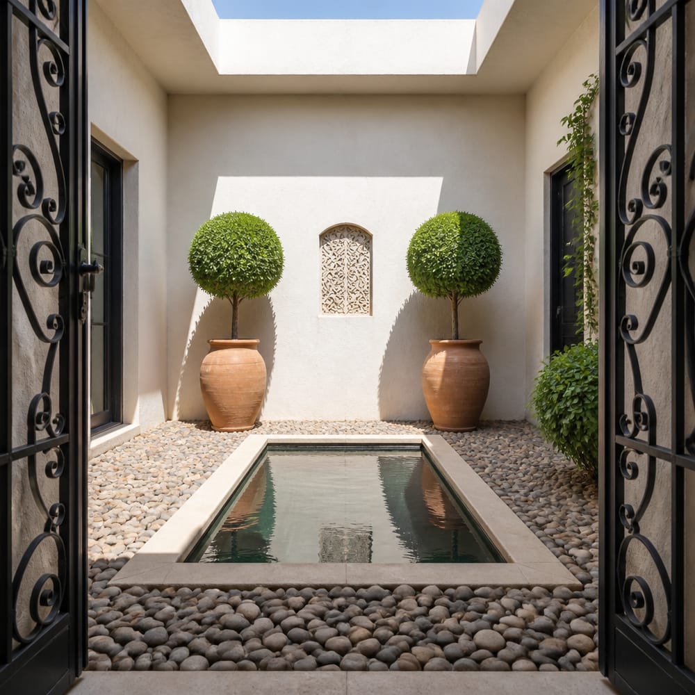 Enclosed courtyard with reflecting pool and clipped topiaries
