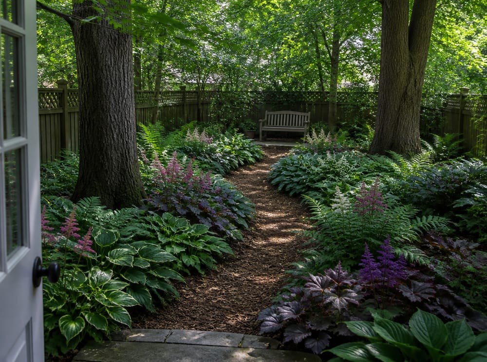 Woodland shade garden with winding mulch path and bench