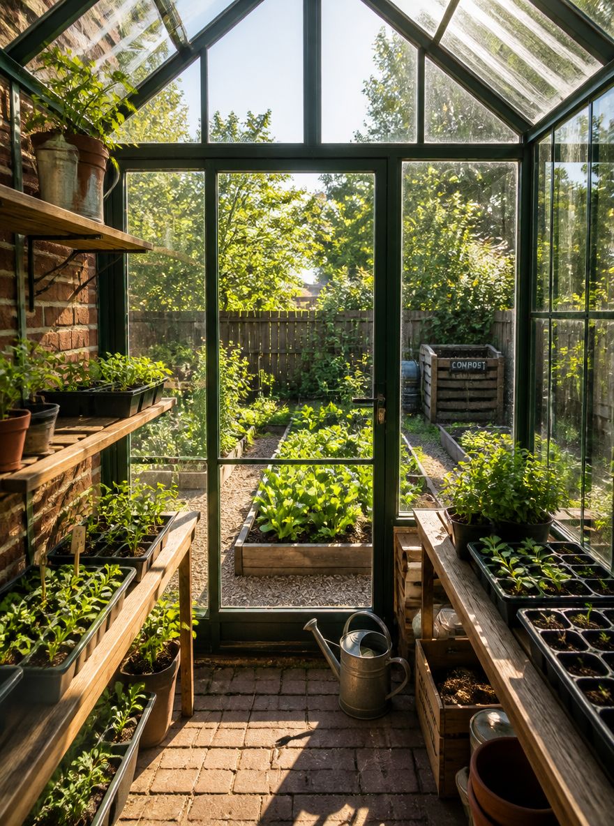 Attached greenhouse looking out over the vegetable garden