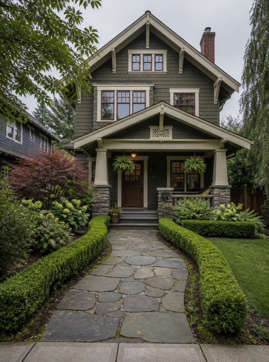 Curved bluestone entry path to a craftsman porch