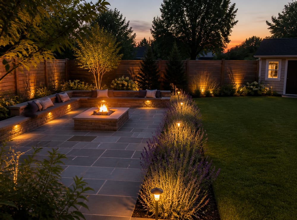 Bluestone patio with built-in bench and sunken fire pit
