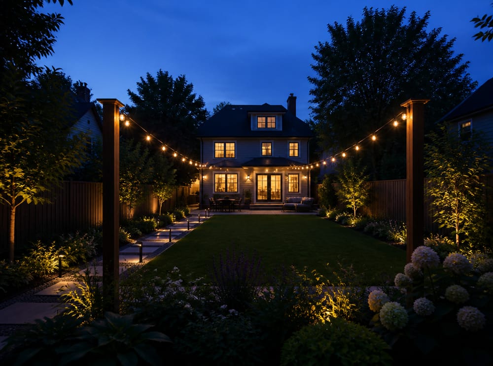 Path lights and string lights at blue hour toward the house
