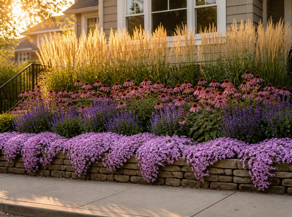 Three-layer front yard planting from grasses to ground cover