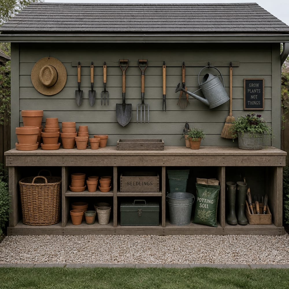 Built-in potting bench with tool hooks along shed wall