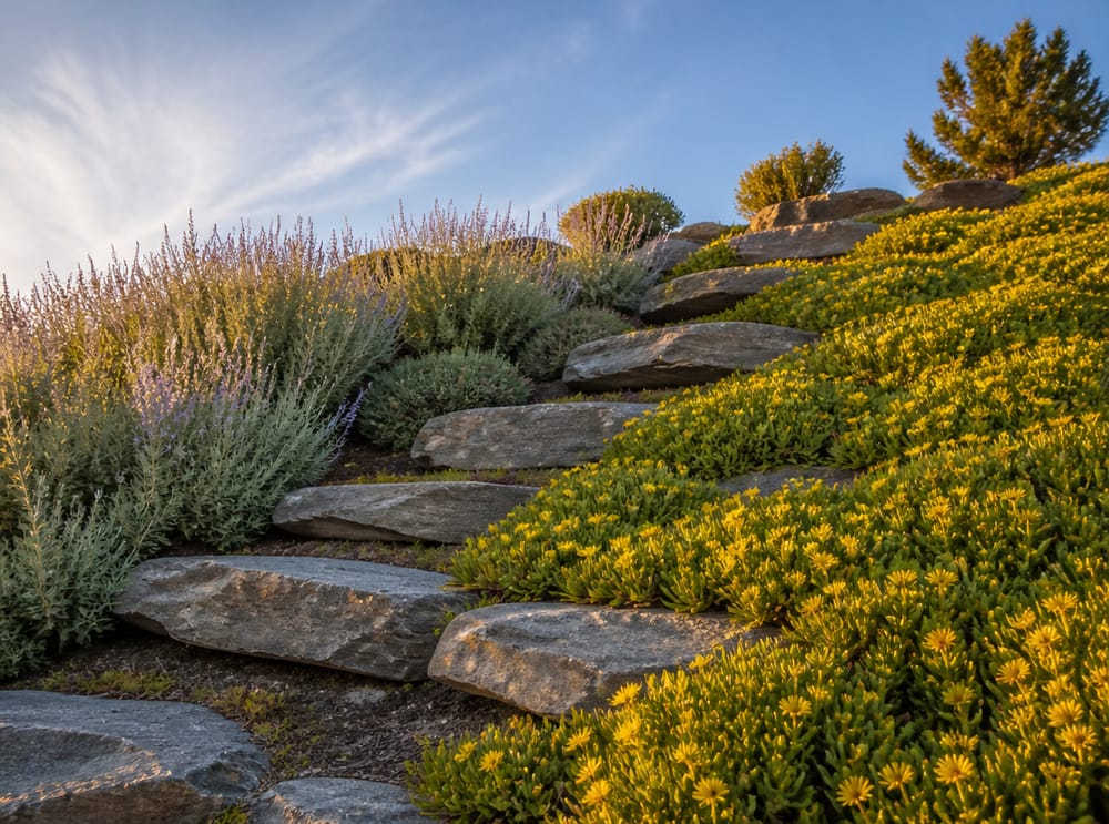 Fieldstone terracing a sloped hillside with ice plant