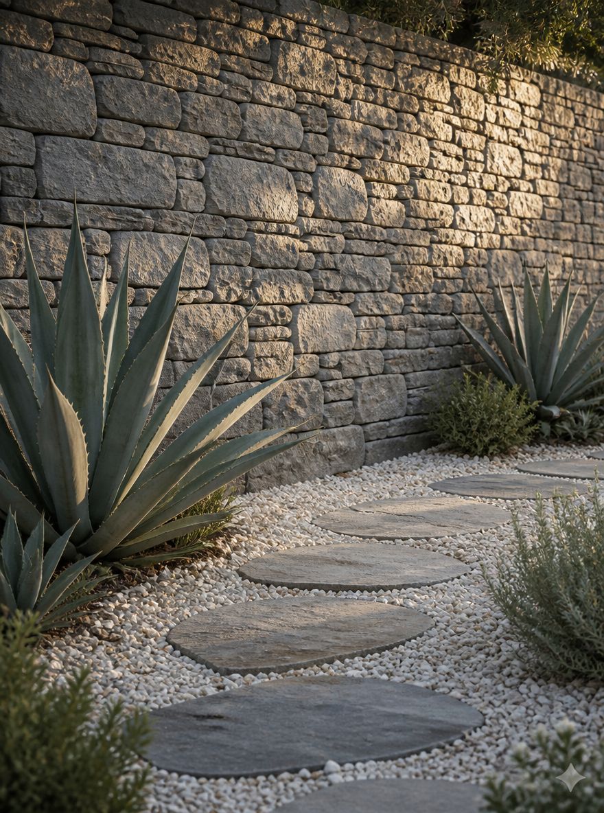 Dry-stack retaining wall with agave at its base