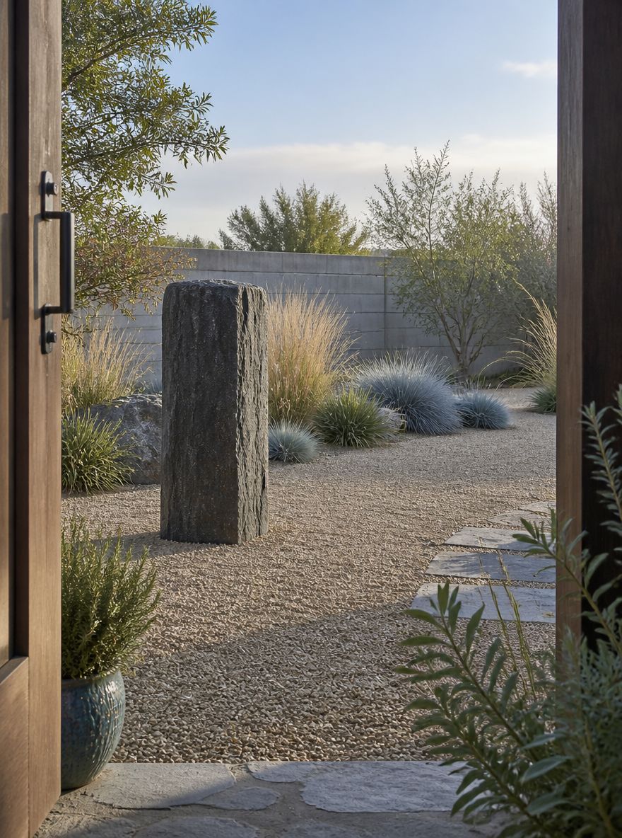 Upright basalt column amid blue fescue and gravel