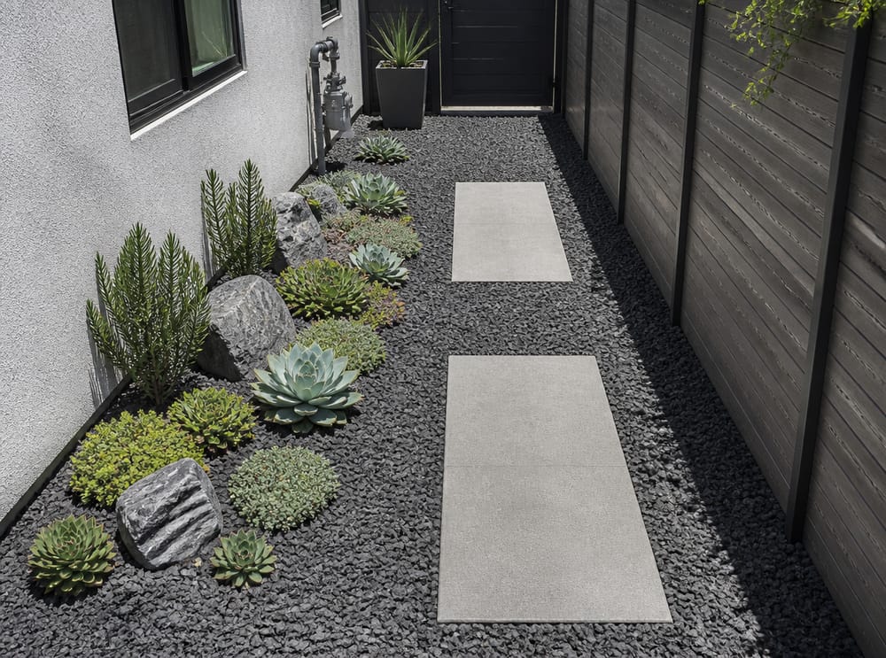 Gravel corridor with concrete pads and stonecrop clusters