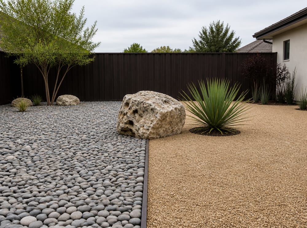 Steel edging dividing pebble and gravel garden zones