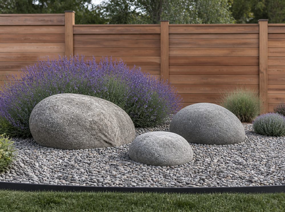 River boulders with lavender in a gravel bed