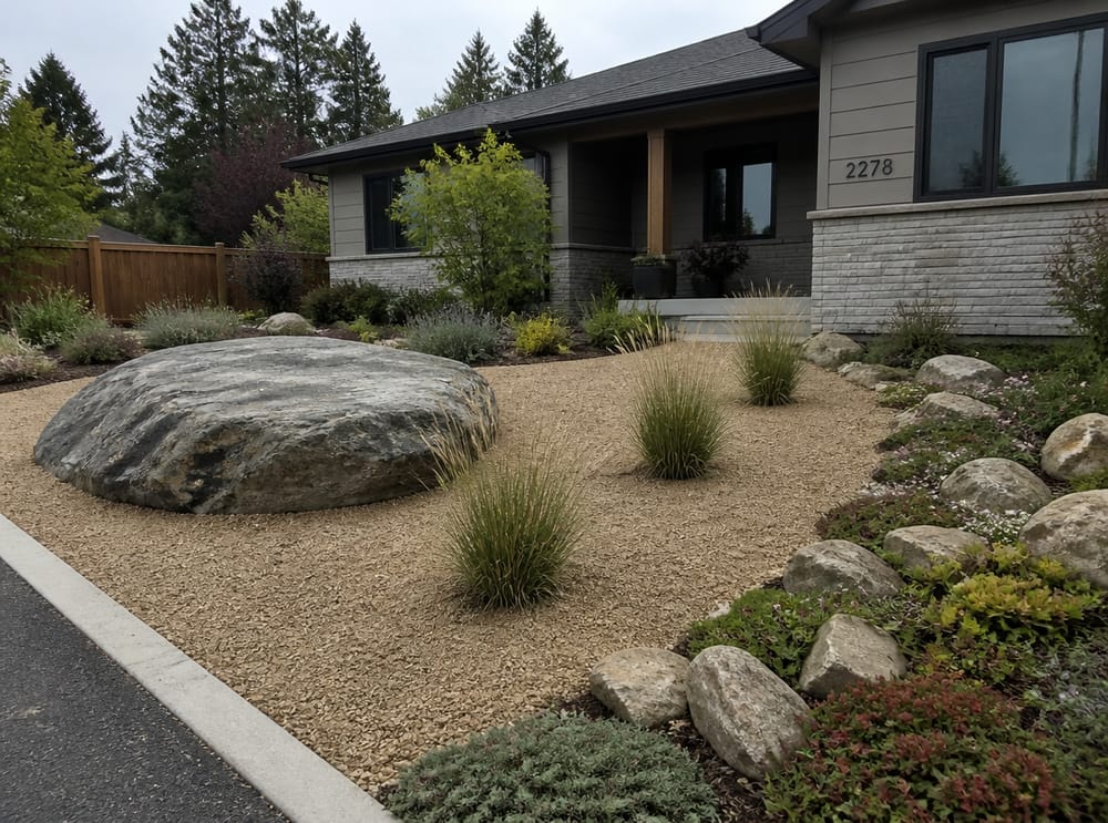 Flat granite boulder anchoring a gravel front garden