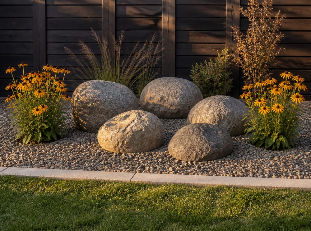 Boulder cluster with black-eyed Susan flanking both sides