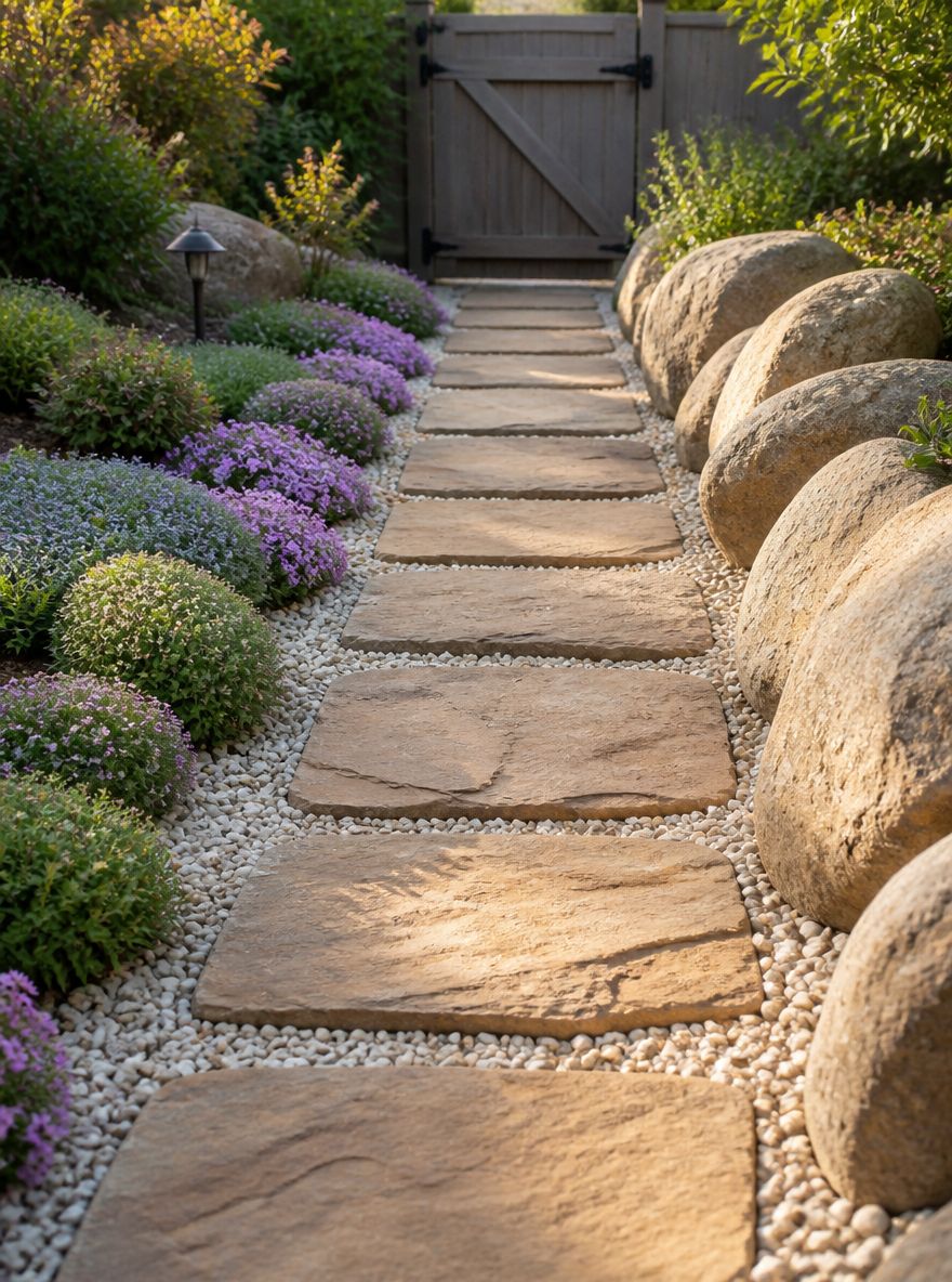 Flagstone path flanked by creeping phlox and boulders