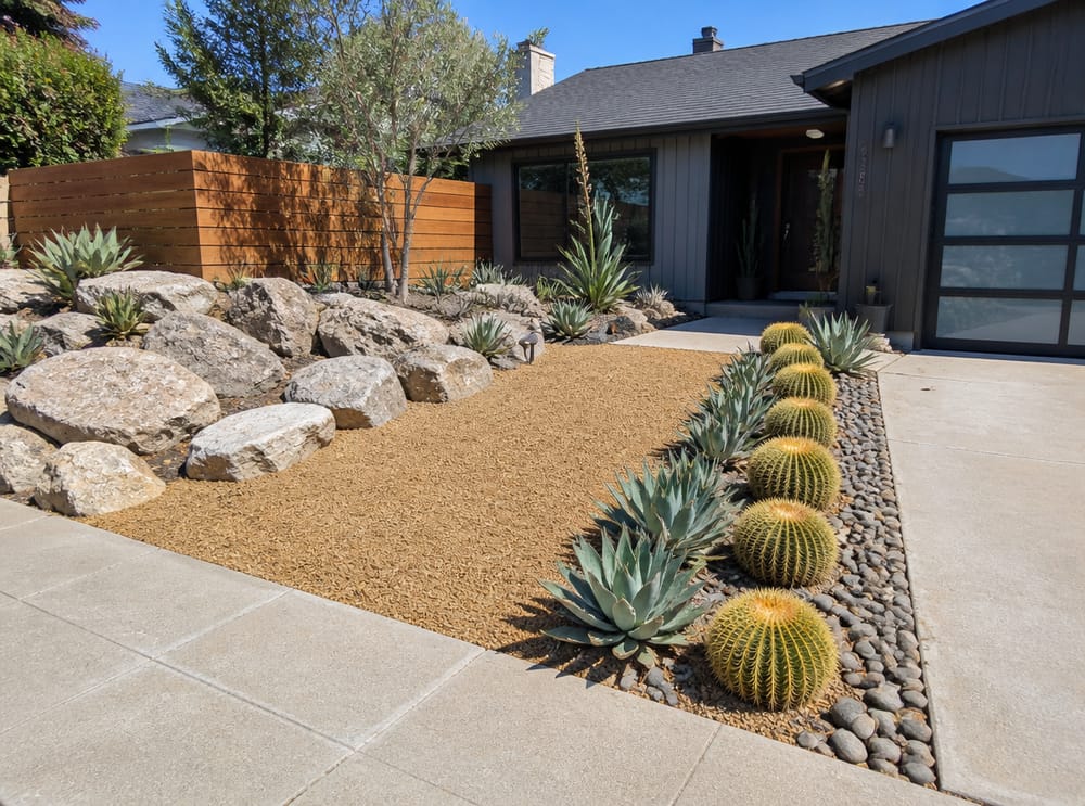 Drought-tolerant front yard with limestone and barrel cactus