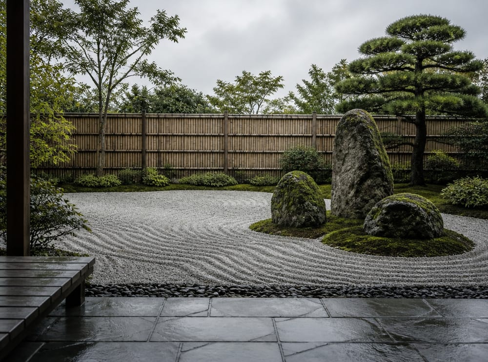 Raked gravel with moss boulders in a Japanese-influenced garden