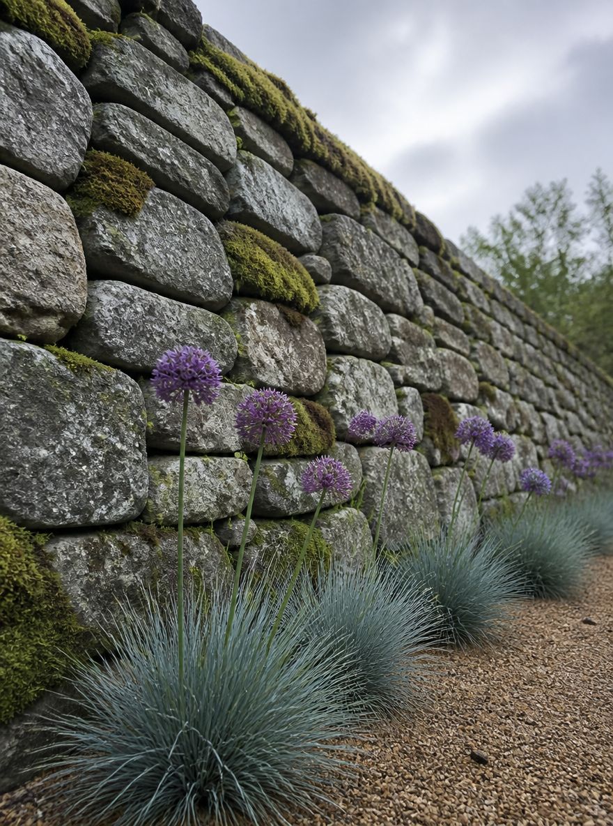 Mossy dry-laid wall with blue oat grass below