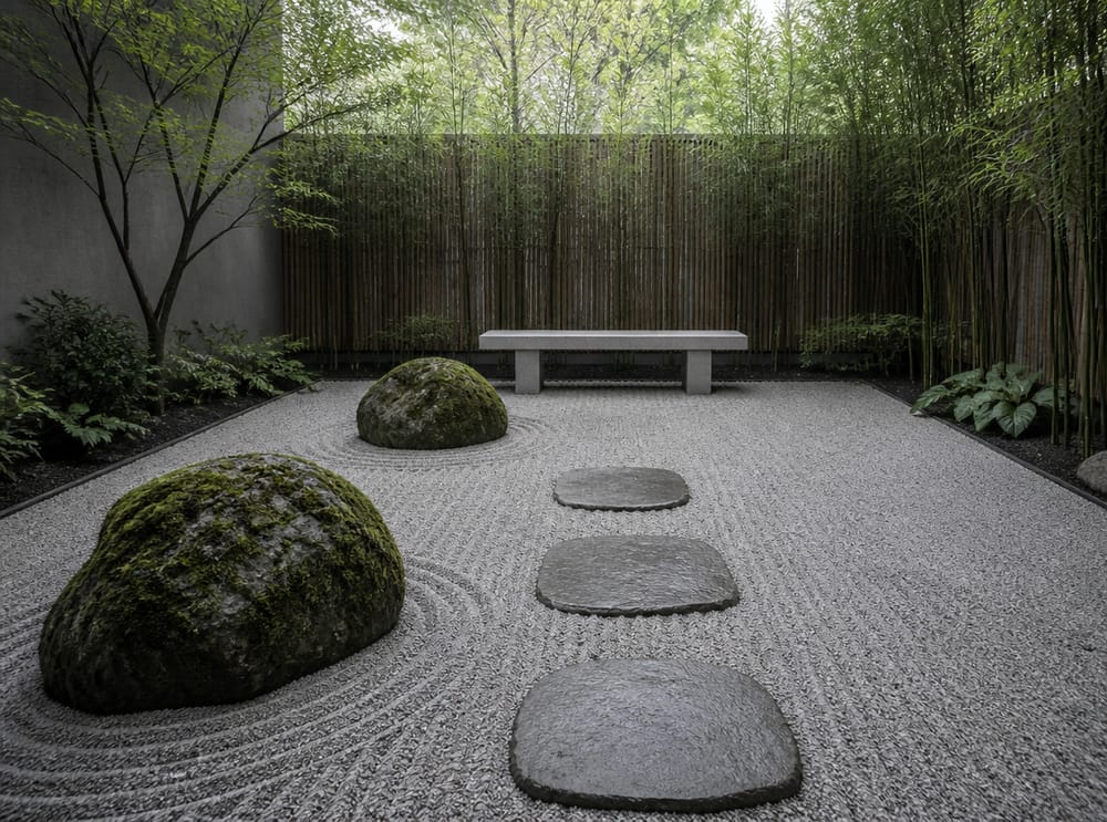 Raked gravel leading to a concrete bench and bamboo screen