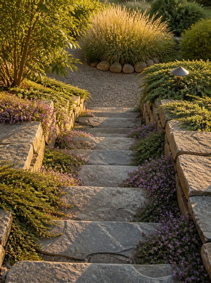 Stone stair risers with thyme and creeping juniper
