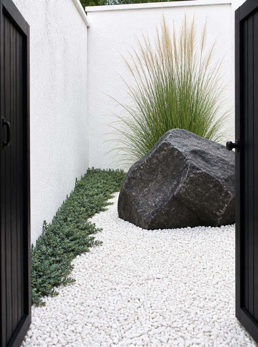 White marble chip courtyard with dark basalt centerpiece