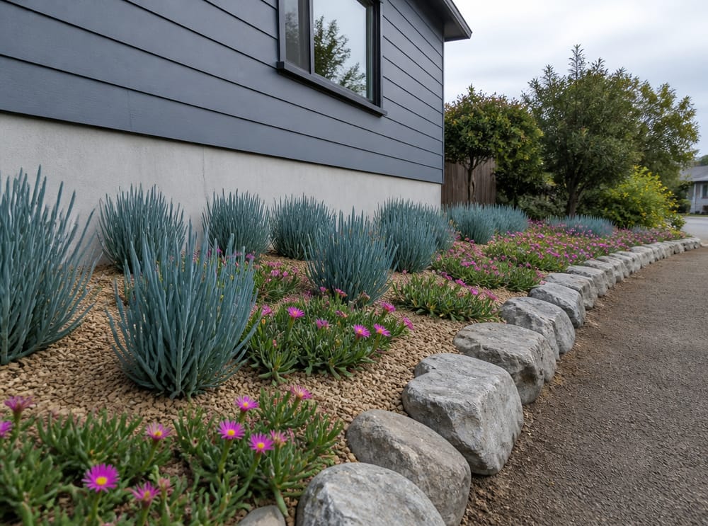 Foundation planting bed with chalk sticks and fieldstone edging