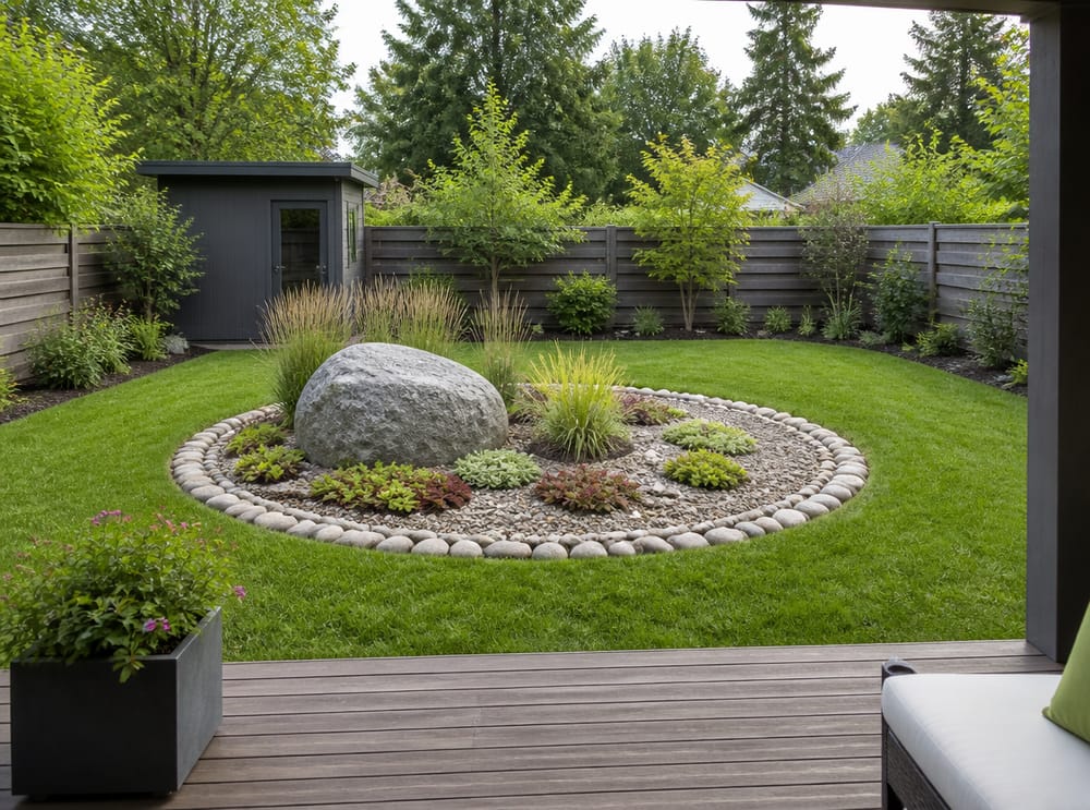 Circular rock garden island set in a lawn