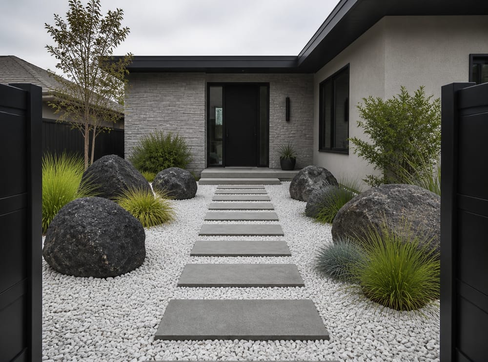 White gravel entry with basalt boulders flanking the path