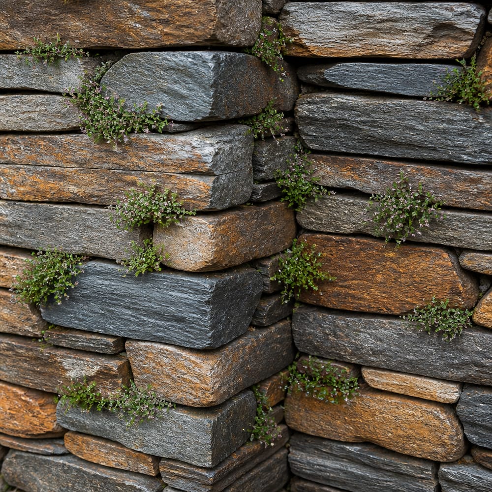 Dry-stack wall corner with thyme in the joints