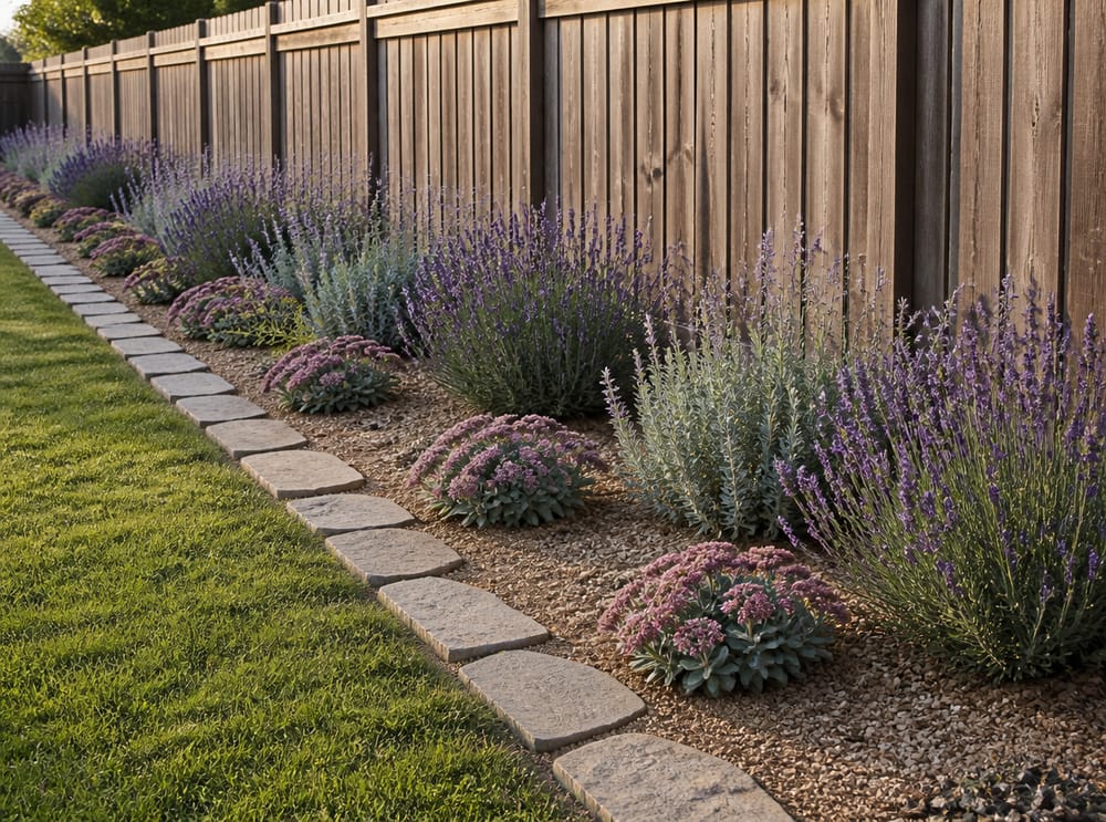 Rock garden border with lavender and sage along a fence