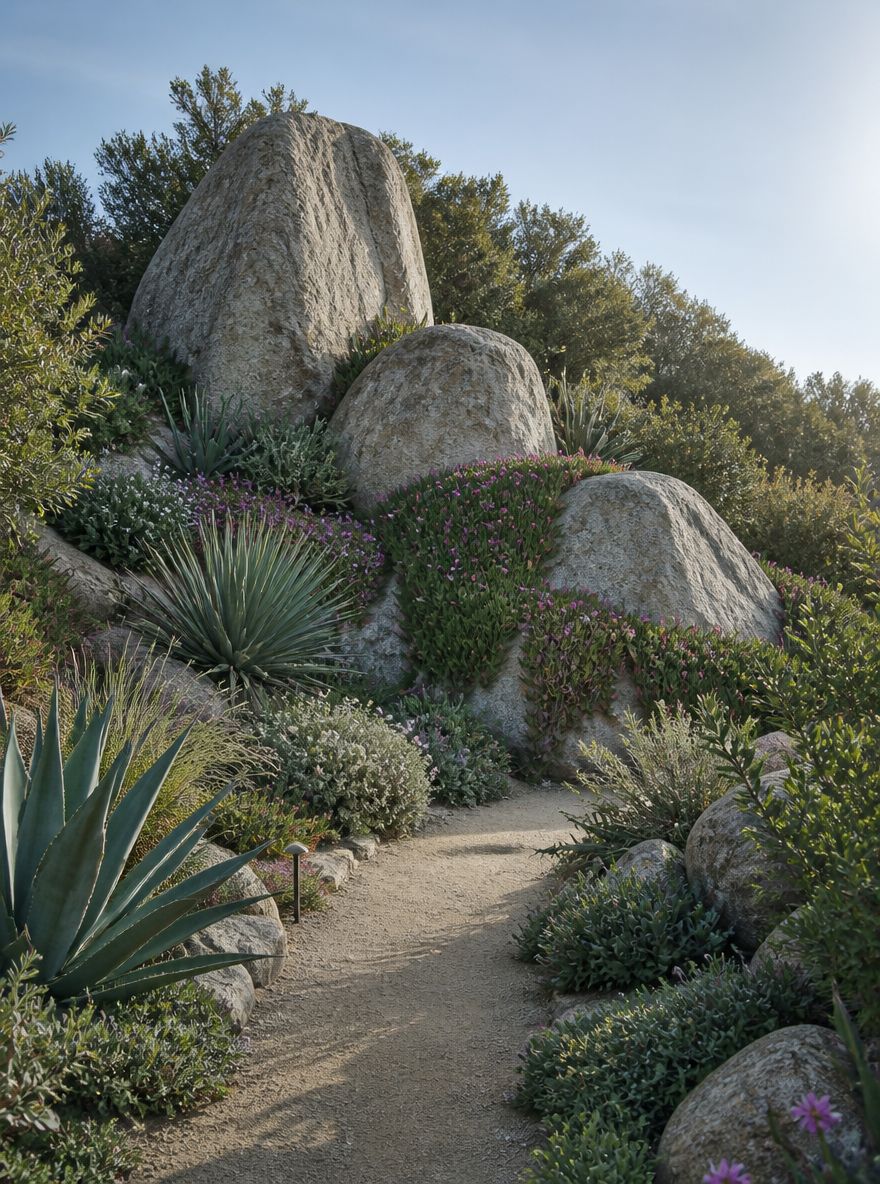 Graduated granite boulders with agave on a hillside