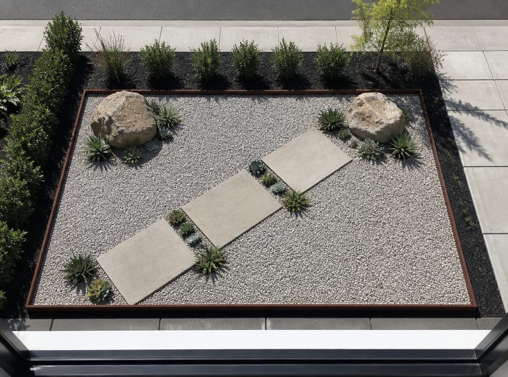 Top-down view of a geometric gravel and boulder garden