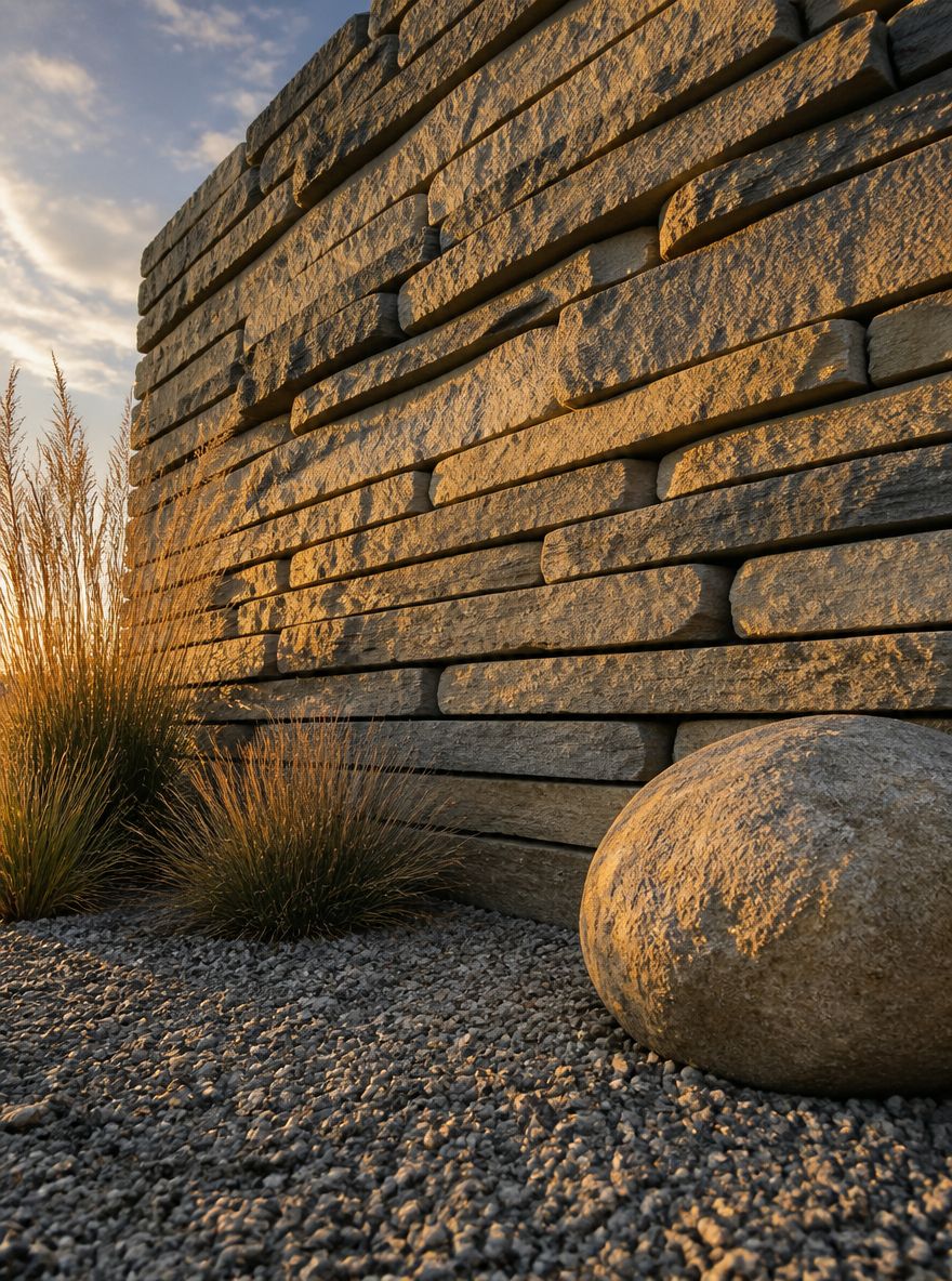 Stacked limestone feature wall with ornamental grasses at base