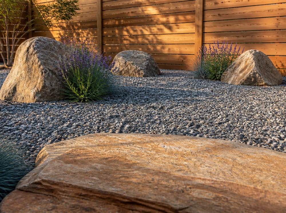 Ground-level view across a crushed granite garden field