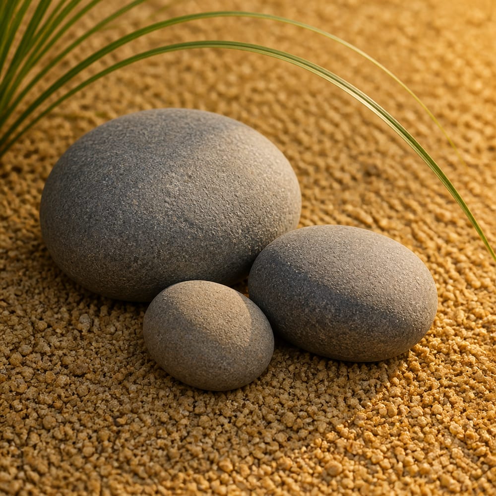 Three river stones in golden decomposed granite gravel