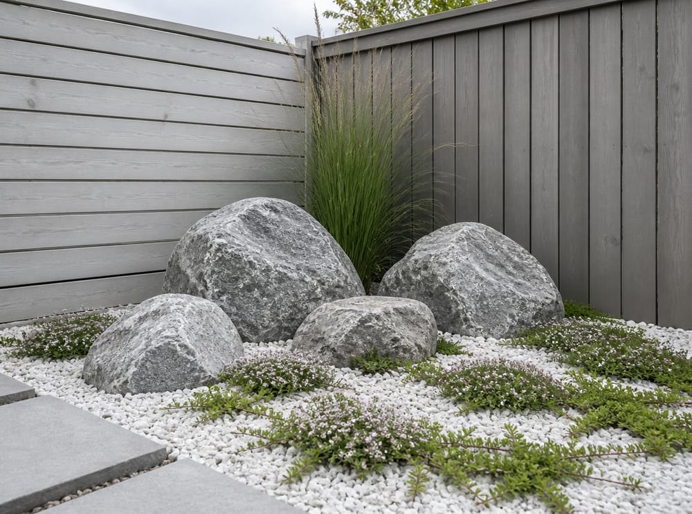 Corner boulder grouping with quartz gravel and sedum
