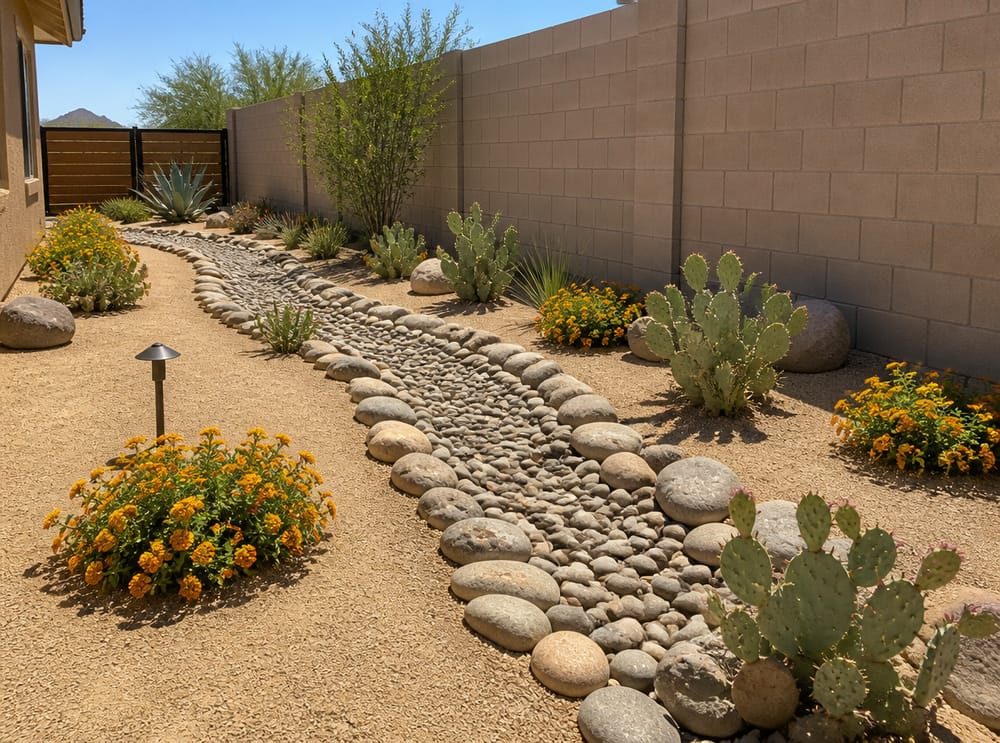 Dry riverbed of river cobbles through a desert garden