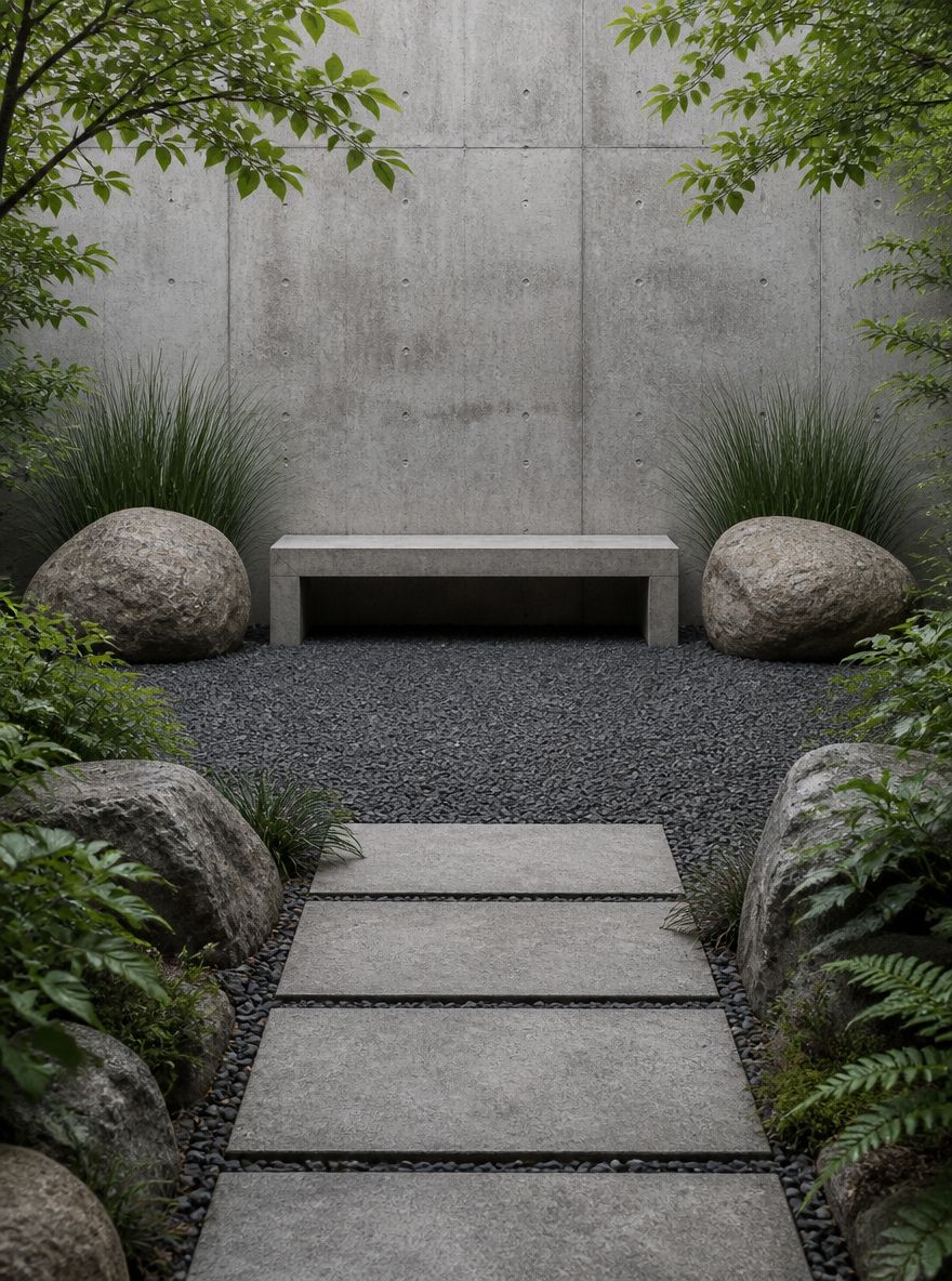 Concrete bench flanked by boulders in a gravel garden