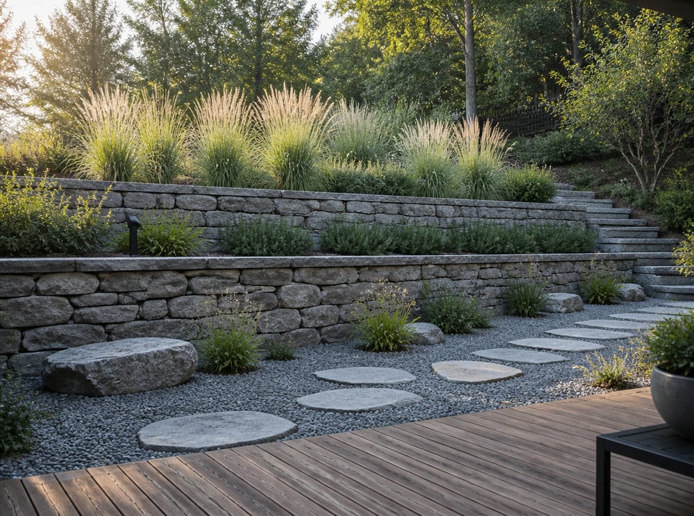 Two-tiered stone retaining walls with rosemary plantings