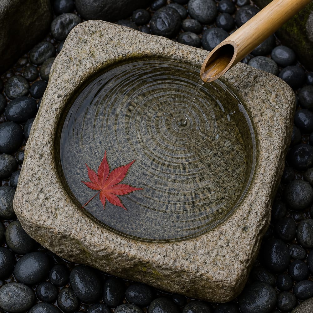 一片枫叶漂浮于花岗岩水钵中