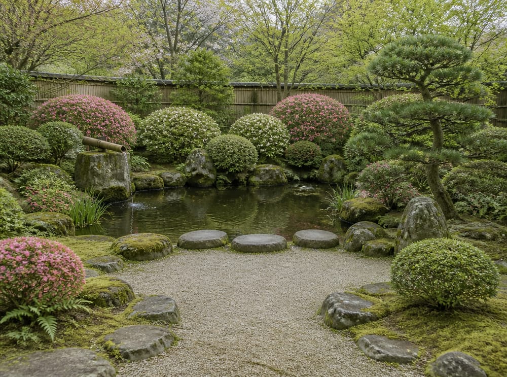 生态池配跳石与杜鹃花边