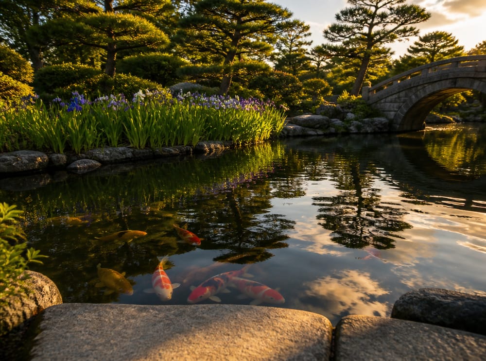 锦鲤在池边，远岸鸢尾花盛开