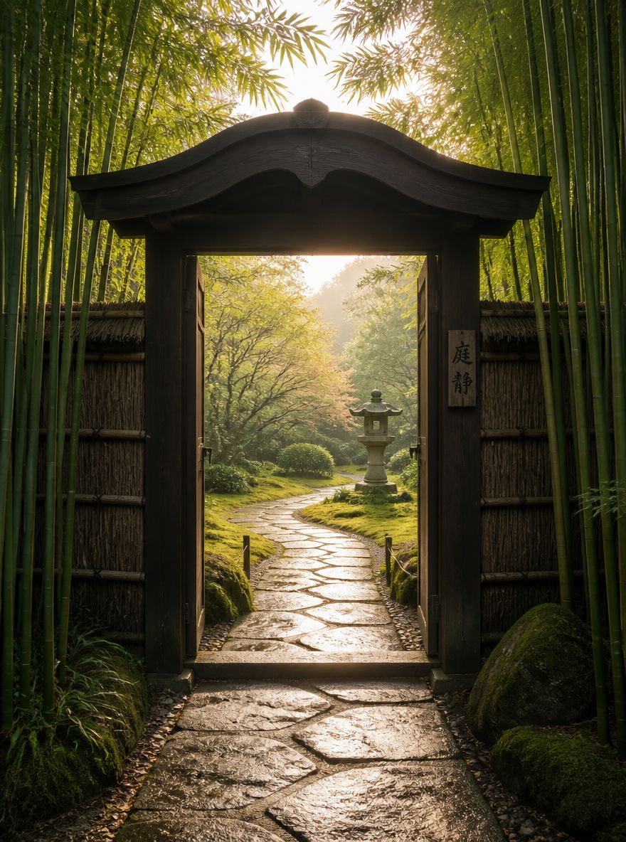 深色木门开启后，远处石路可见