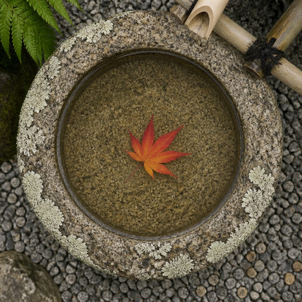 一片枫叶漂浮在石钵中