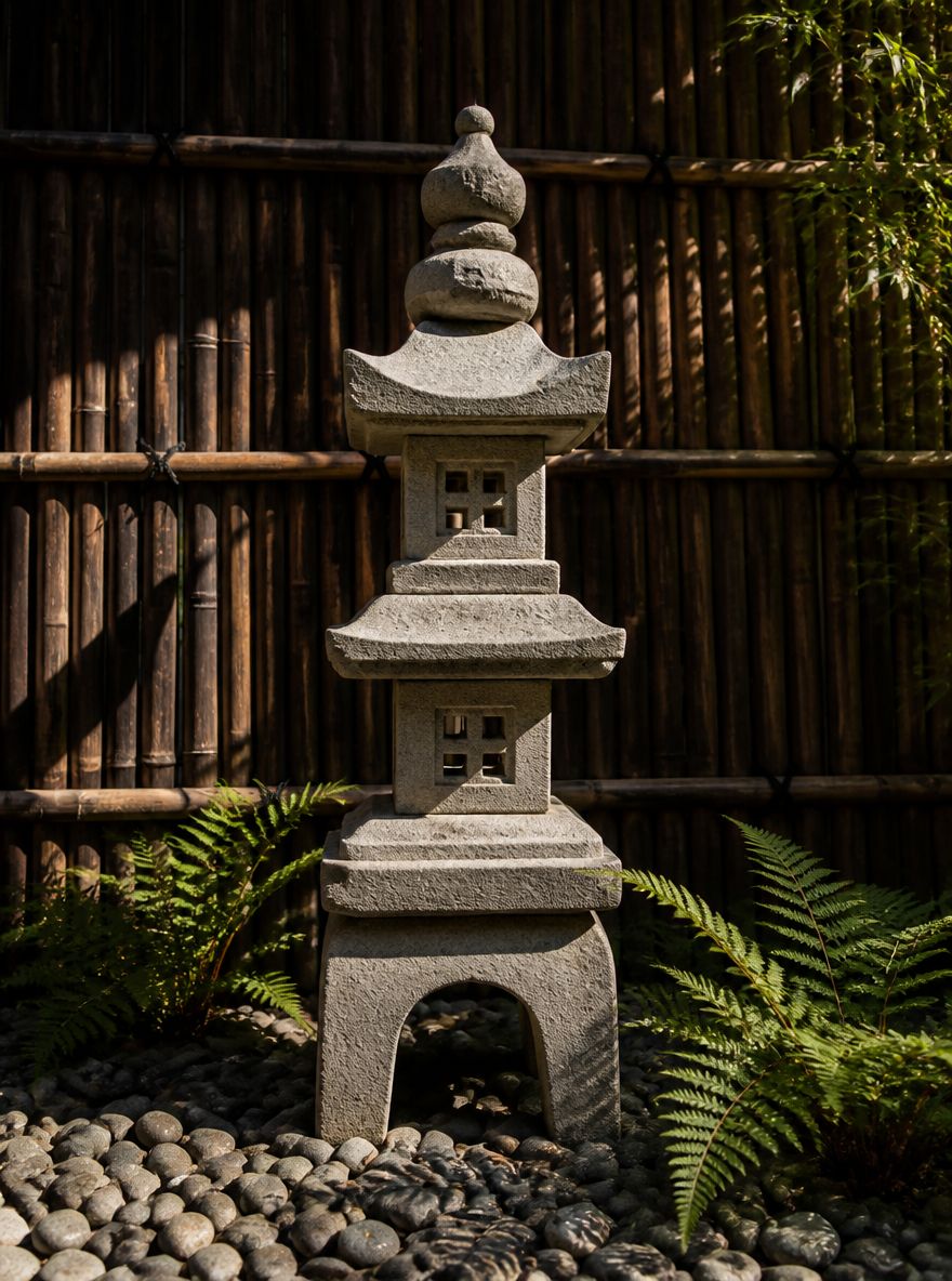 石塔灯笼耸立在河卵石之上