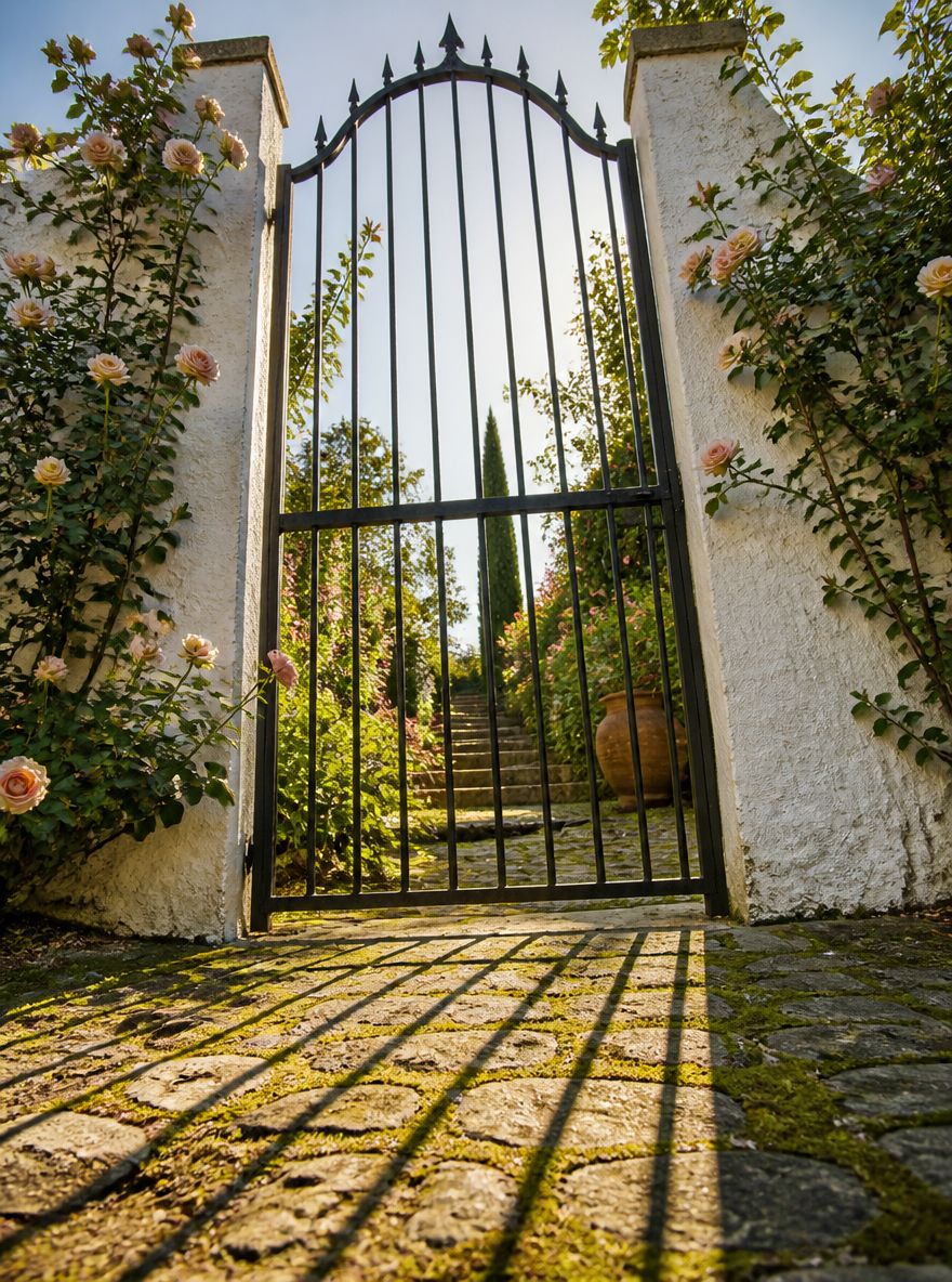 Puerta alta de hierro enmarcada por rosas trepadoras