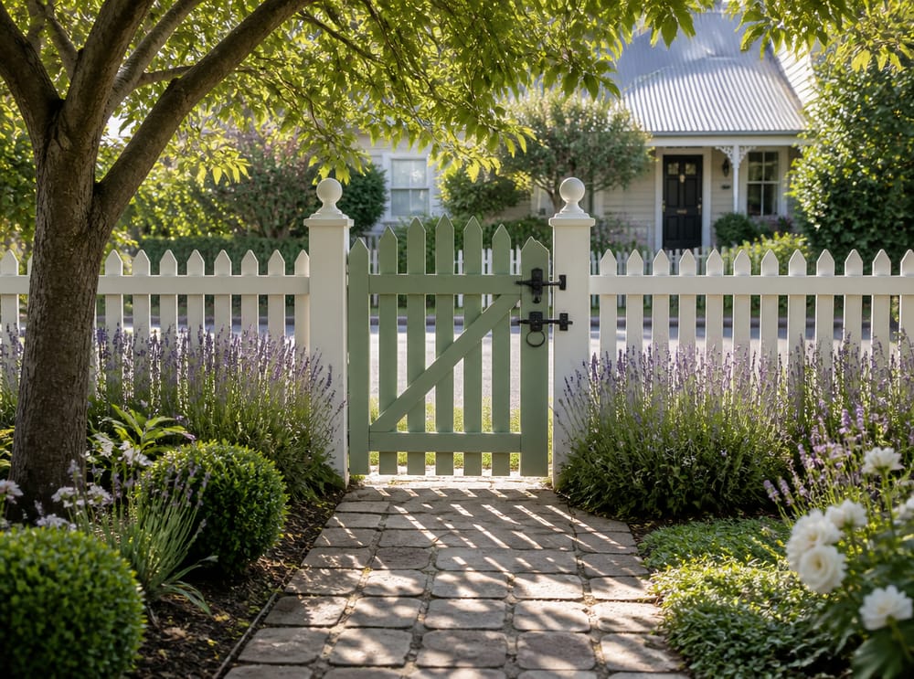 Puerta de listones verde salvia con borde de lavanda