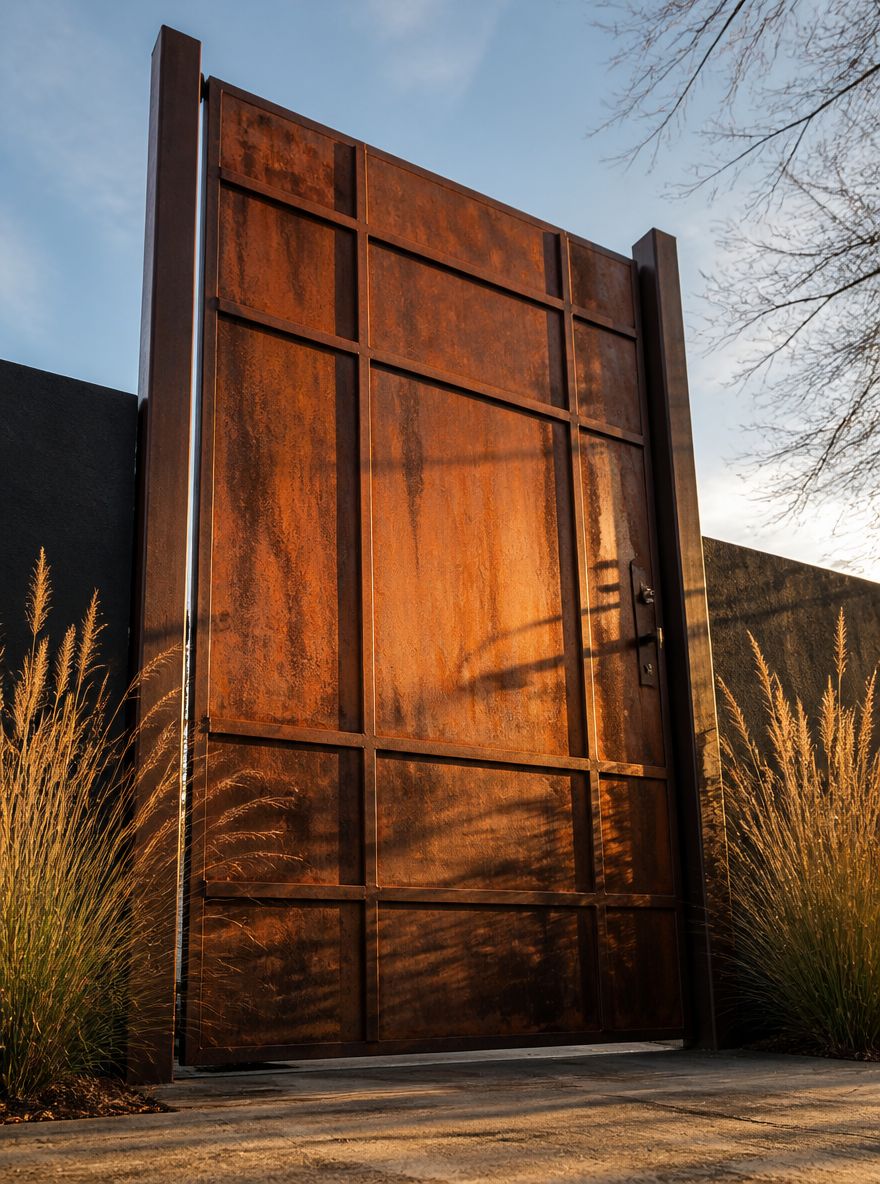 Puerta de acero corten con superficie oxidada