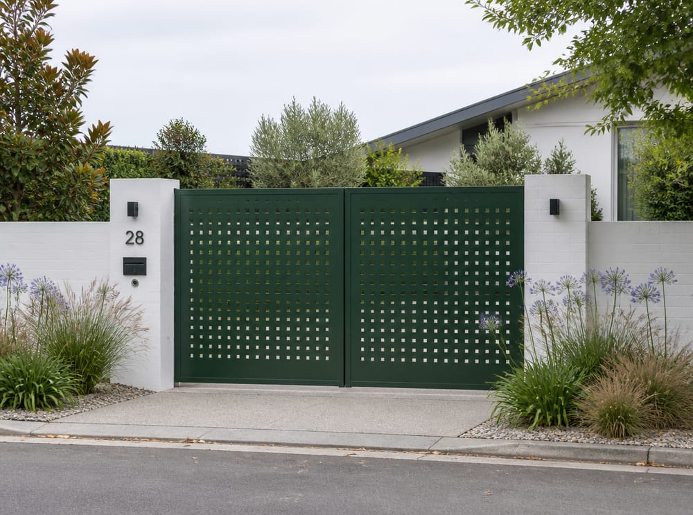 Par de puertas de acero verde oscuro perforado